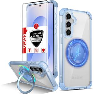 Magnetic for Samsung Galaxy S25 Plus Case Compatible with MagSafe Wireless Charging,with 1 Screen Protector,S25+Plus Case Built-in 360Kickstand Shockproof Military Grade Drop Protection Blue