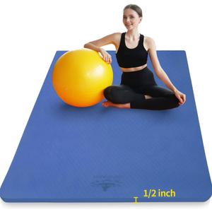 Hatha Yoga Large TPE Yoga Mat 6'x4'x1/2" Extra Thick Non-Slip Exercise Mat - for Yoga Pilates & Home Gym Workouts (Blue)