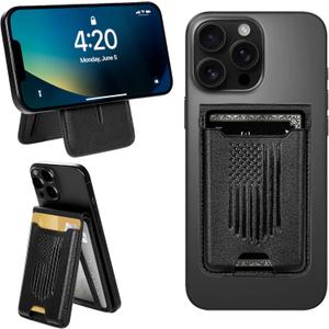 American Flag Wallet for MagSafe with Kickstand  Black Leather Card Holder | Compatible with iPhone with Distressed US Flag Embossed Design  Patriotic Slim Shape for Men  Flag Phone Wallet
