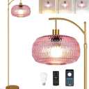 Pink Floor Lamp for Living Room,Bedroom,Gold Dimmable Standing Lamp with Remote,Mid Century Modern Brass Tall Lamp Boho Floor Lamps Arc Stained Glass Flower Floor Light Lamp Girls kids Bohemian