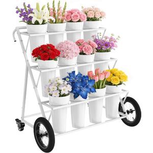 VGMiu Flower Display Stand with 12 Buckets,3 Layers Metal Flower Cart with Large Wheels, Moving Florist Bouquet Shelf for Indoor Outdoor Patio Garden Wedding Florist, White