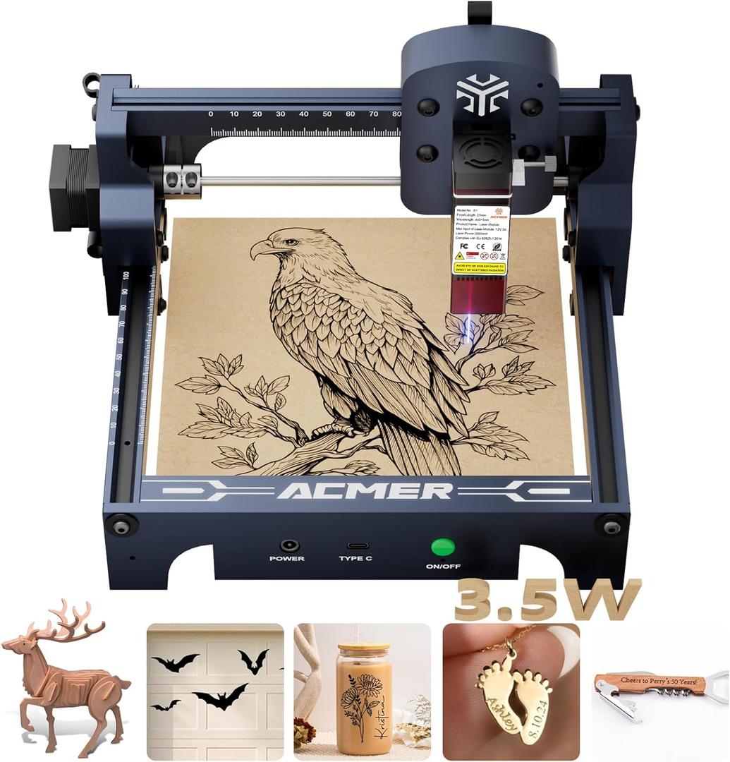 ACMER S1 Laser Engraver, 3500mW Laser Engraver Machine Higher Accuracy Lazer Cutter and Engraving Machine with Working Area 130x130mm,0.04mm Laser Spot Engraving Machines & Tools (Blue)