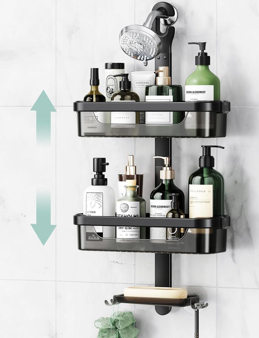 LAMU Adjustable Shower Caddy Hanging, Rust-Proof Hanging Organizer, 3-Tier Aluminum Alloy + ABS, Over-the-Showerhead with Hooks, Razor Holder, Soap Dish, Black