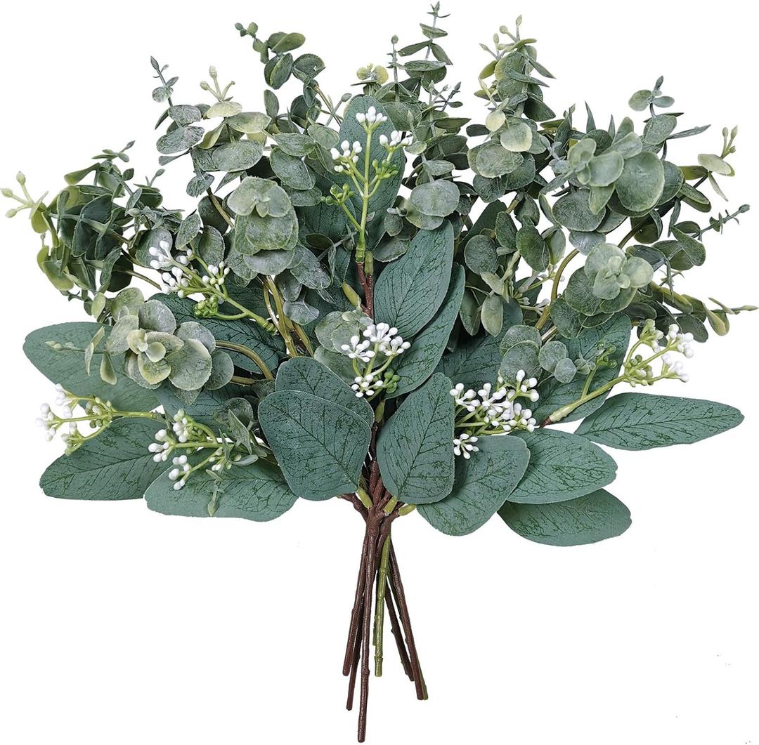 Mixed Eucalyptus Leaves Stems Bulk Artificial Eucalyptus Leaves Sprays Faux Oval Eucalyptus Leaves with White Seeds Stems for Floral Wreath Garland Bouquets Arrangement Wedding Greenery Decoration