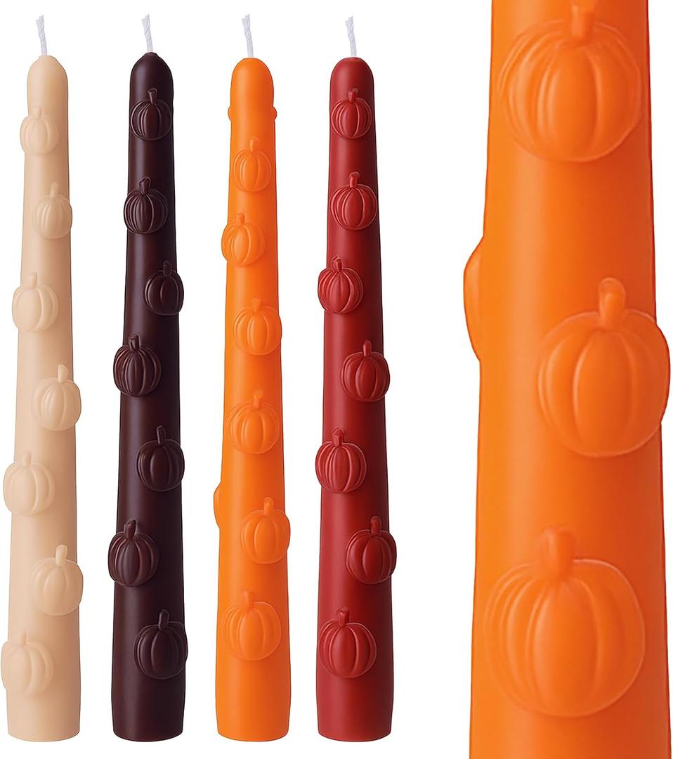 Nuanchu 4 Pcs Fall Taper Candles 3D Pumpkin Pillar Candles 10 Inch Orange Brown Red White Long Candlesticks Unscented, Smokeless, Dripless for Autumn Thanksgiving Birthday Dinner Party Home Decor