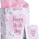 SUNCOLOR 13" Large Birthday Gift Bag with Tissue Paper&Greeting Card-For Moms,Girls' Birthday