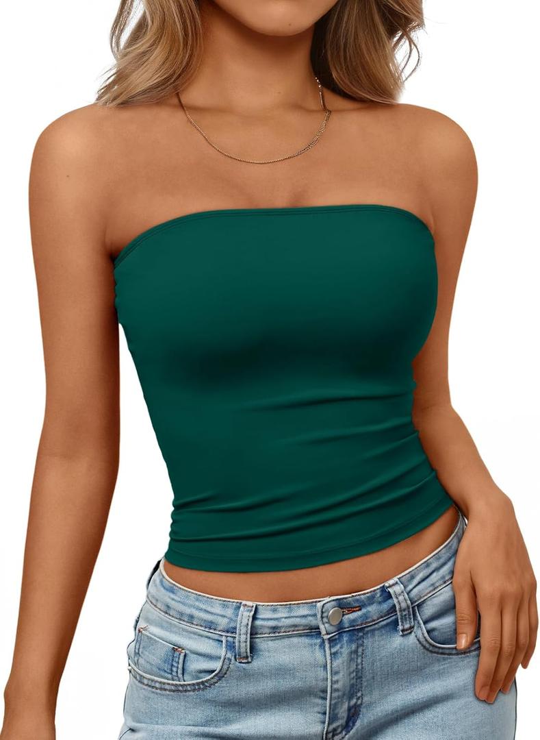 Trendy Queen Women's Strapless Bandeau Crop Top (Dark Green), S