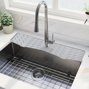 Meiliweser Faucet Mat for Kitchen Sink  24 x 5.1 Extra-Long Silicone Splash Guard with 10 Slope & Upgraded Drainage  Gen 3 Sink Water Catcher & Sponge Holder for Kitchen, Bathroom (Gray)