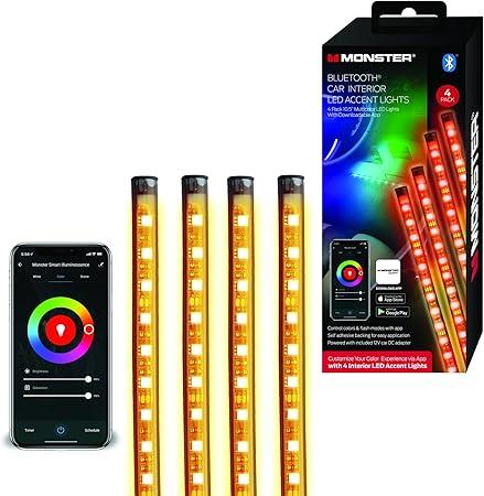 Monster Multicolor Bluetooth Car Interior LED Accent Lights, Customizable with Downloadable Phone App, Easily Fits to Anywhere with Adhesive Backing, Directly Powered from DC Port Via Adapter, 4-Pack