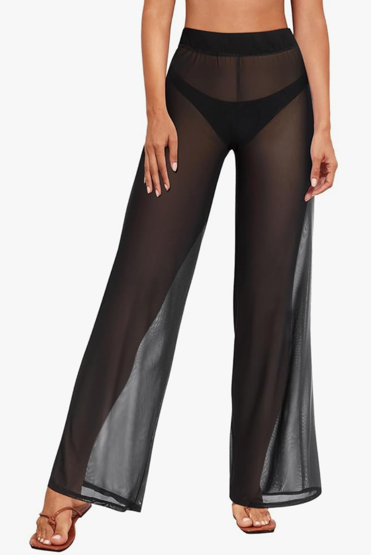 Pinup Fashion Women's Cover Up Pants Crochet Hollow Out Mesh Pants High Waist Swimsuit Beach Bikini Coverup Pants. XXL