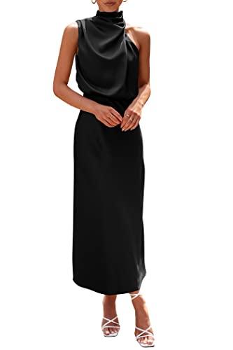 PRETTYGARDEN Women's 2025 Summer Satin Dress Elegant Sleeveless Mock Neck Cocktail Party Maxi Dresses (Black,Large)