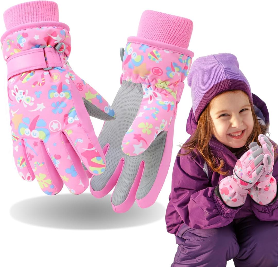 Kids Winter Gloves, Toddler Snow Glove Girls Sport Ski Mittens Snowboard Waterproof, Warm Ski Gloves for 4-6 6-8 Boys Girls (L(9-12years), Pink-RB)
