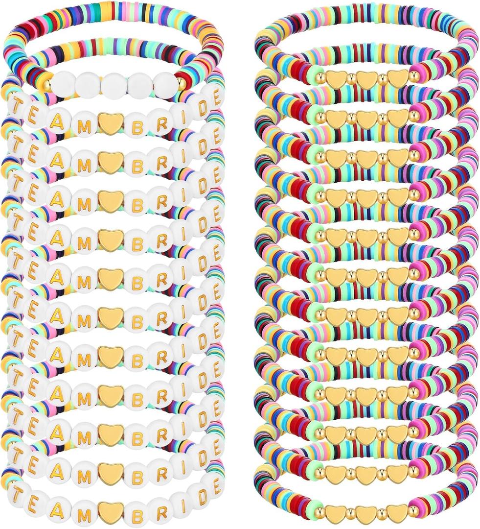 24 Pcs Team Bride Bracelet Bachelorette Party Accessories Bridesmaid Friendship Bracelet Polymer Clay Letter Bead Bracelet for Engagement Bridal Shower Wedding Favor (Morandi)