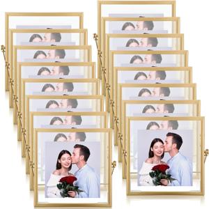 Hoteam 16 Pcs Gold Floating Frames 4 x 4 Inches Glass Photo Frames Vertical Vintage Metal Picture for Wedding Photo Picture Mounting Tabletop Display Office Decor(Gold)