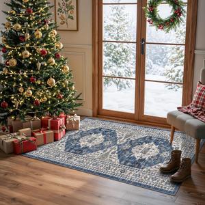 2x4 Non-Slip Entryway Area Rugs: Washable Stain Resistant Kitchen Carpet Printed Doormat Soft Low Pile Nursery Rug Vintage Small Floor Mat for Hardwood Bedroom Cozy Home Decor fot Family(2x4,Blue)