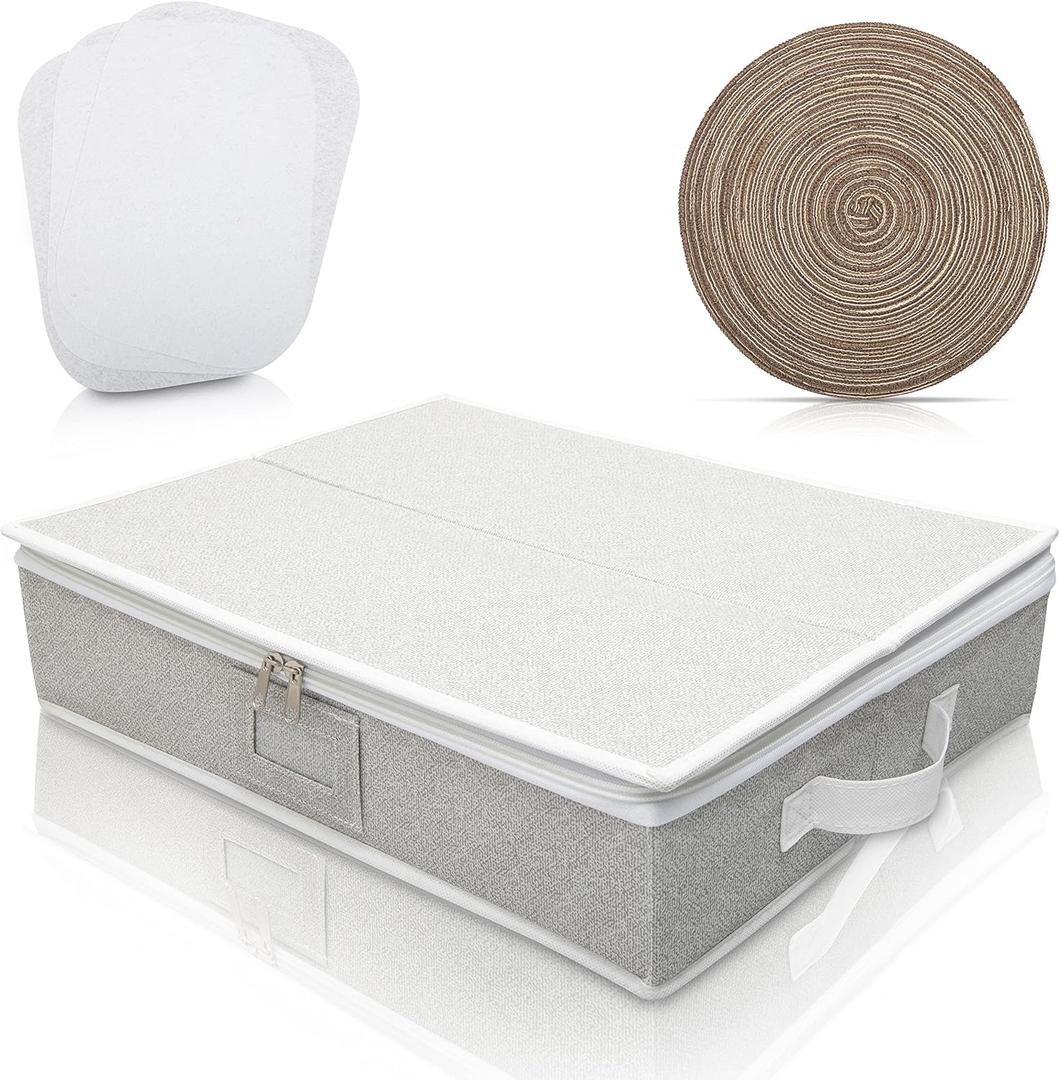 Platter Storage Case - Structured, Foldable with Felt Dividers - Complete with Round Woven Placemat