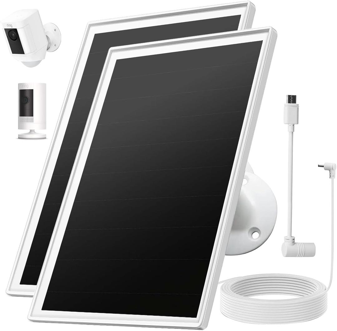 Solar Panel Charger for Ring Camera, Compatible with Ring Stick Up Cam Battery, Ring Spotlight Plus/Pro Battery, Waterproof, 5V 6W Fast Charging (White 2Pack)