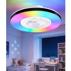 2-in-1 Low Profile Ceiling Fan with Light, 20 Caged Safety Design for Kids - RGB, CCT, Smart APP/Remote Control, Quiet Flush Mount DC Motor, Ideal for Bedroom/Living Room/Kitchen, Black&White