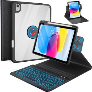 BLUTLOTUS for iPad 11th (A16) 10th Generation Case with Keyboard (2025/2022) - 360 Rotatable Magnetic Folio Cover, 7 Color Backlit Detachable Keyboard with Pencil Holder (Black)