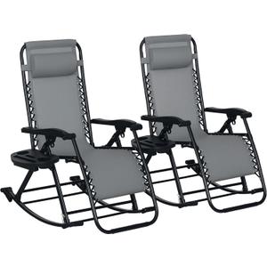 Outsunny Set of 2 Outdoor Rocking Chairs, Foldable Reclining Zero Gravity Lounge Rocker with Pillow, Cup & Phone Holder, Combo Design with Folding Legs, Gray (Grey)
