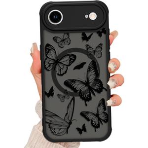 Magnetic for iPhone Air Case [Compatible with MagSafe] Cute Cool Butterfly Print Pattern Design, Slim Bumper Translucent Matte Protective Cover for Women Girls, Black