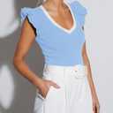 AGSEEM Women Summer Ruffle Tops Sexy Deep V Neck Short Sleeve Shirts Trendy Casual Ribbed Slim Fitted Knit Tees Blouse (Blue, M)
