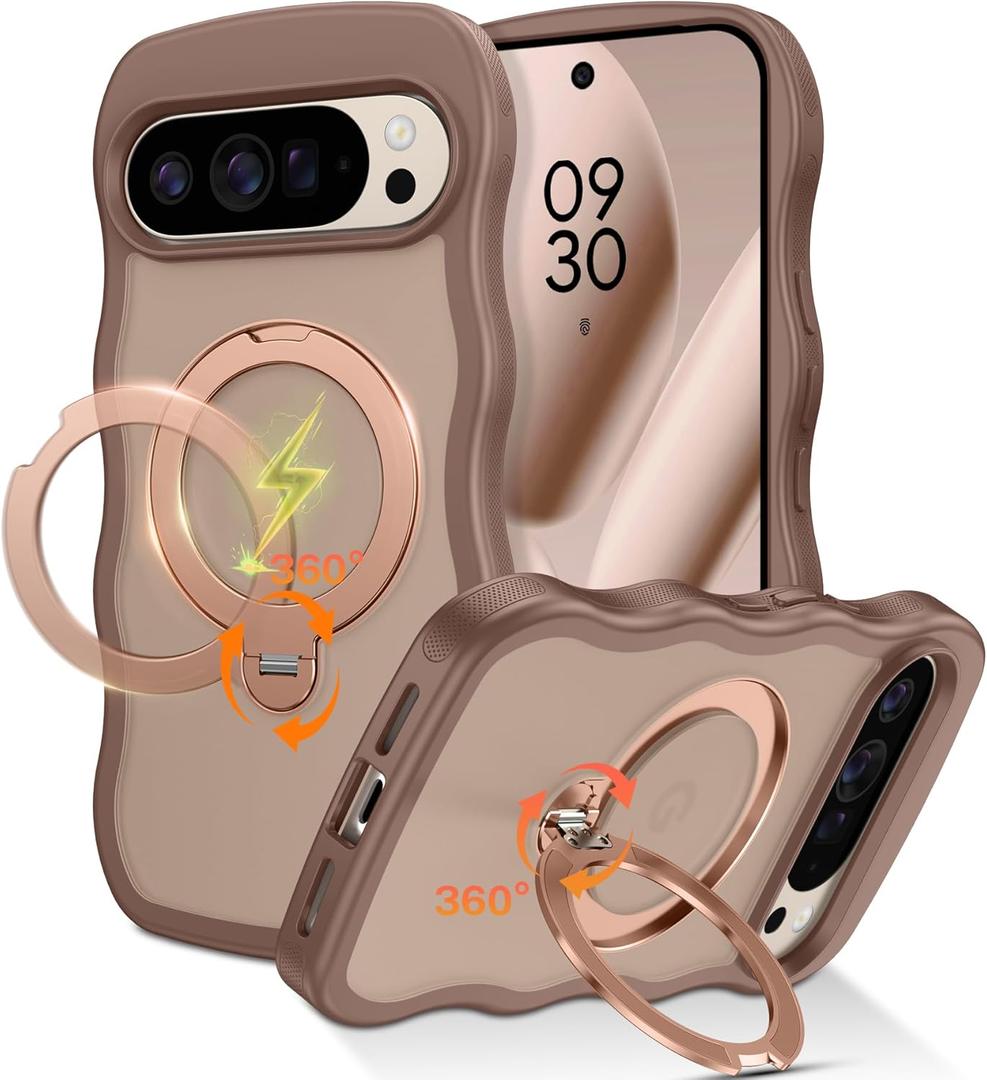 for Google Pixel 10 Pro XL Case with Invisible 360 Magnetic Stand [Compatible with Magsafe] Cute Curly Wavy Phone Case Pixel 10 Pro XL Kickstand Women Men Shockproof Cover, Desert Titanium