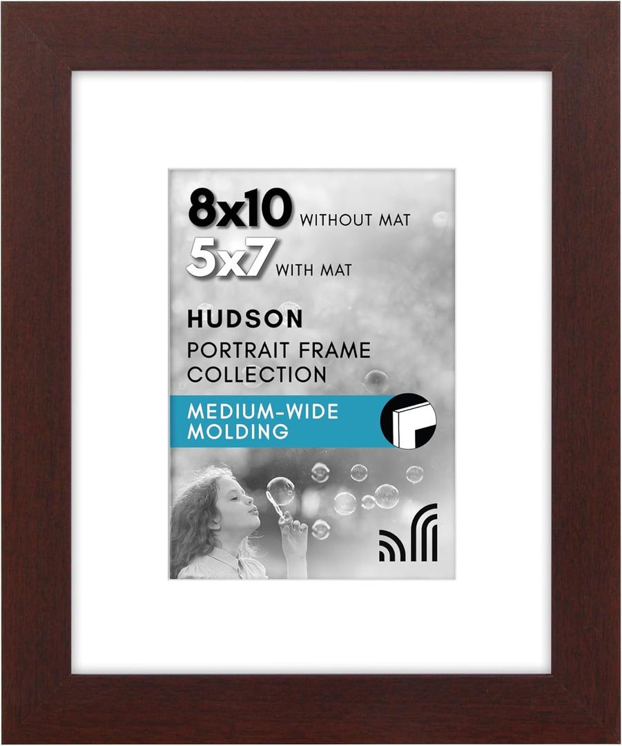 Americanflat 8x10 Picture Frame with Shatter-Resistant Glass - Use as 5x7 Frame with Mat or Display 8x10 Photo Without Mat - Hudson Collection - Wide Picture Frames for Tabletop and Wall - Mahogany