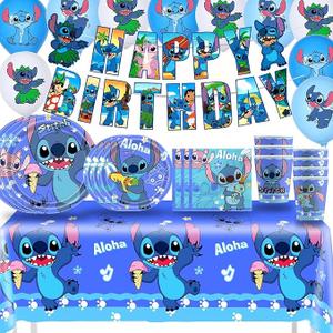 New Stitch Party Supplies, Birthday Decorations Set Include Banner, Balloons, Stickers, Hanging Swirls, Cake Cupcake Toppers, Tablecloth for Boys Girls Stitch Theme Party (Style 2)