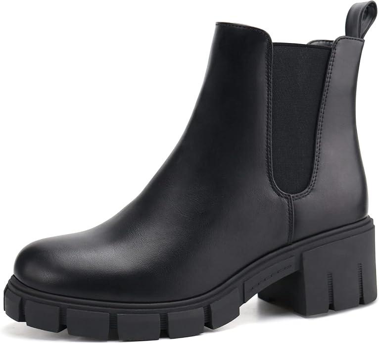 starmerx Women Platform Ankle Boots Elastic Chelsea Boots Mid Heel Slip on Booties (8, Black)