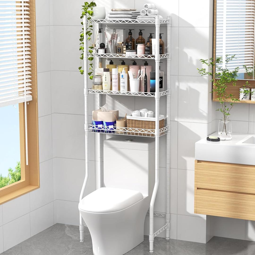 EAGMAK 4 Tier Over The Toilet Storage Rack, Bathroom Organizers and Storage Over Toilet with Adjustable Shelf and Basket, Above Toilet Storage Bathroom Cabinet for Small Space (White)