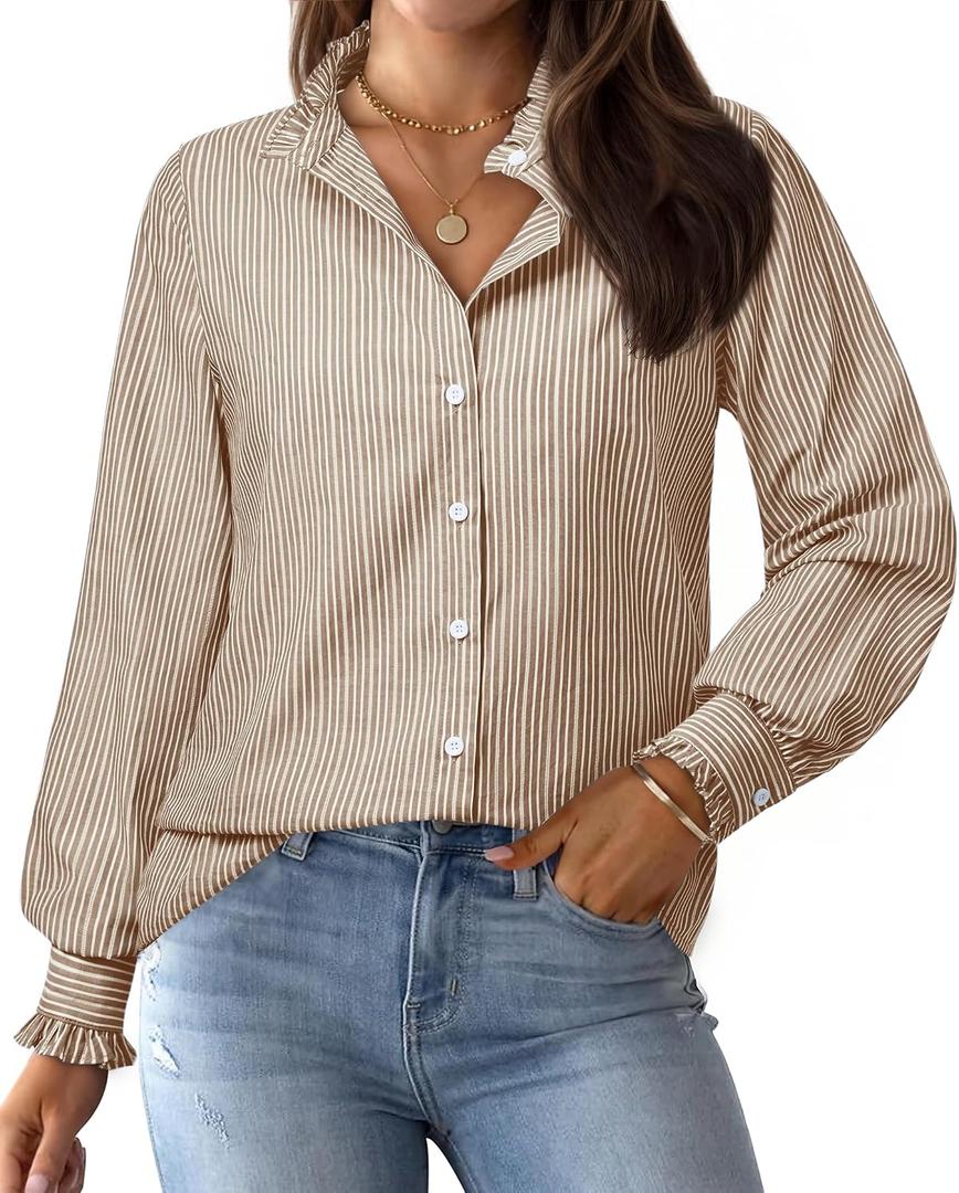 siliteelon Womens Striped Button Down Blouse Dress Casual Long Sleeve Shirt Ruffle Trendy V Neck Office Work Tops (L)