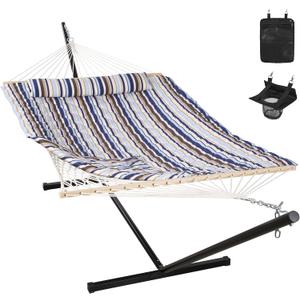 ANOW Outdoor Double Hammock with Stand, Portable Hammock with Detachable Pillow and Pad for Garden Yard Outside, 450 LBS Weight Capacity, Blue Seaside