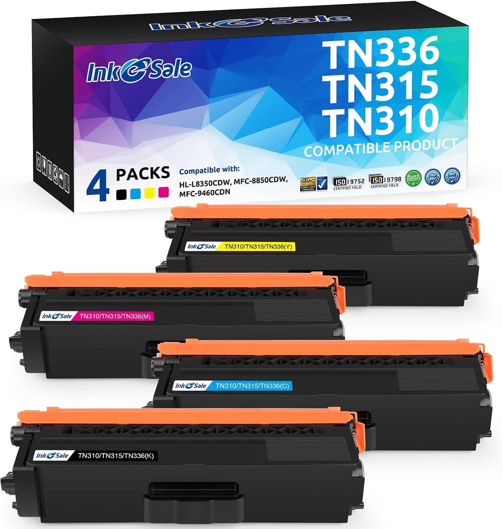 INK E-SALE Compatible Toner Cartridge Replacement for Brother TN336 TN315 TN310 TN331 (KCMY, 4-Pack), for use with Brother HL-L8350CDW HL-4150CDN MFC-L8850CDW MFC-9970CDW MFC-L8600CDW Printer
