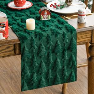 Artoid Mode Green Christmas Trees Soft Plush Faux Fur Jacquard Christmas Table Runner, Holiday Kitchen Dining Table Decoration for Home Party Decor 13x90 Inch