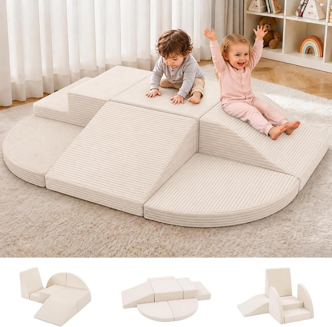 6-Piece Kids Climbing Foam Blocks, Baby Foam Climbing Blocks, Corduroy Non-Slip Surface, Soft Toddler Play Equipment for Active Climbing & Building, Indoor Gross Motor Skill Development, Cream