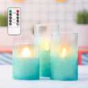 Crystal Club Flickering Flameless Candles with Timer, Real Wax Glass Effect Sandblast Candles, Battery Operated Ocean Theme LED Candles with Remote for Bathroom, Bedroom, Table Decoration