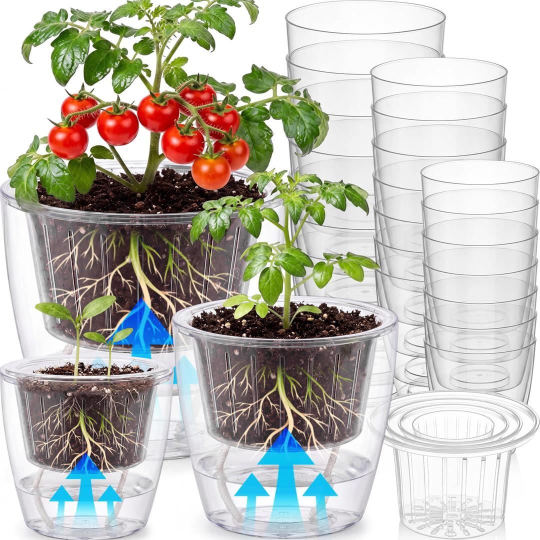 Ferrochef Self Watering Plant Pots, 5.1''/6.6''/7.2'', Transparent, 18 Pcs