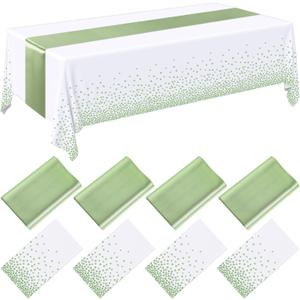 Breling 8 Pack White and Sage Green Disposable Plastic Tablecloths and Satin Table Runner Set, 54 x 108 Inch Tablecloth, 12 x 108 Inch Table Runners for Wedding Graduation Birthday Baby Shower