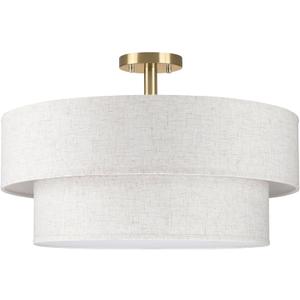 2-Tier 22" Cream Drum Fabric 5 Light Gold Semi Flush Mount Ceiling Light for Living Room Dining Room Bedroom Hallway