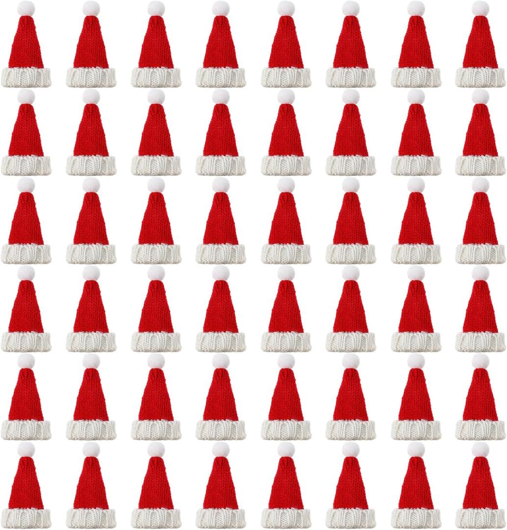 Bencailor 48 Pcs Mini Santa Hats for Crafts Small Christmas Knit Hat Tiny Snowman Wine Bottle Cover Holder Doll Cap for Table Cover (Classic)