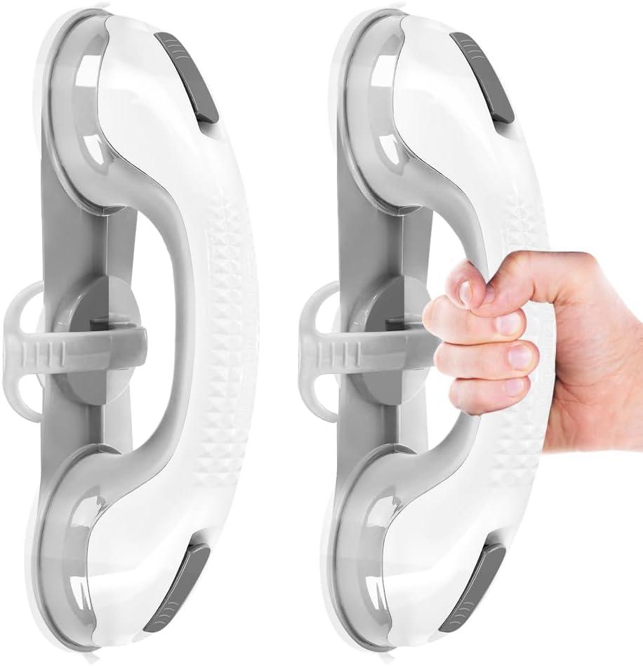 2 Pack Grab Bars for Bathtubs and Showers with 3 Suction Cups, Heavy Duty Handle Removable Handrails for Seniors and Elderly, Bathroom Safety Grip No Drilling Waterproof, Grey (Gray)