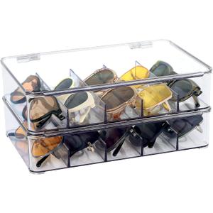 FORUP Sunglasses Organizer, Plastic Stackable Eyeglass Case Storage Organizer, Sunglass Glasses Storage Box with Hinged Lid (Clear)