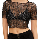 Women's Pearl Mesh Sheer Crop Top Sparkly Short Sleeve Glitter See Through Sexy Tee Shirt for Casual Party Club XL
