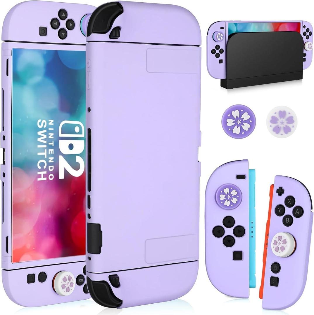 Switch 2 Case for Nintendo Switch 2 2025, Dockable Case TPU Soft Shell Protective Cover for Switch 2 Grips & Console and Accessories with 2 Pcs Thumb Caps, Purple