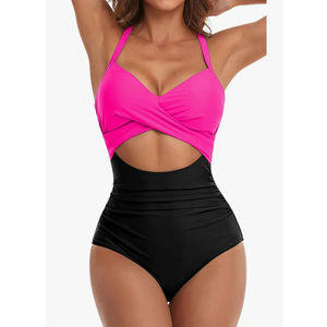 Eomenie Women's One Piece Swimsuits Tummy Control Cutout High Waisted Bathing Suit Wrap Tie Back 1 Piece Swimsuit M, Pink, Black
