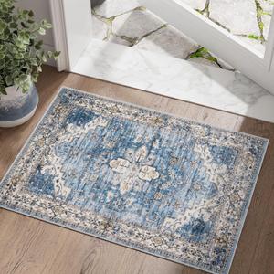 jinchan Area Rug 2x3 Washable Entryway Bathroom Doormat Vintage Floral Retro Accent Throw Rug Non-Slip Mat for Kitchen Front Door Indoor Home Decor Blue