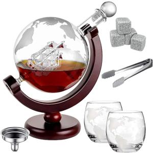 Whiskey Globe Decanter Set, with 2 Etched Whiskey Glasses, 4 Ice Cubes, Tong & Funnel, Decanter for Liquor, Bourbon, Scotch, Whisky Gifts for Men Husband Boyfriend Dad, 1000ML