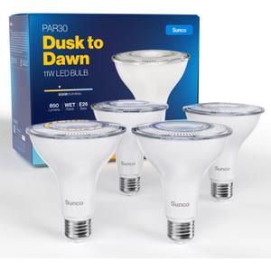 Sunco 4 Pack PAR30 LED Dusk to Dawn Light Bulbs, 850 Lumens, 11W, 3000K Soft White, Non-Dimmable, E26, Wet Rated Outdoor Flood Light Bulb with Photocell Sensor, for Porch, Patio, Backyard, UL