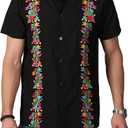 Mexican Shirts for Men Traditional Men's Guayabera Dress Shirts Mens Button Up Band Collar Dress Shirt Fiesta (XL- Black)